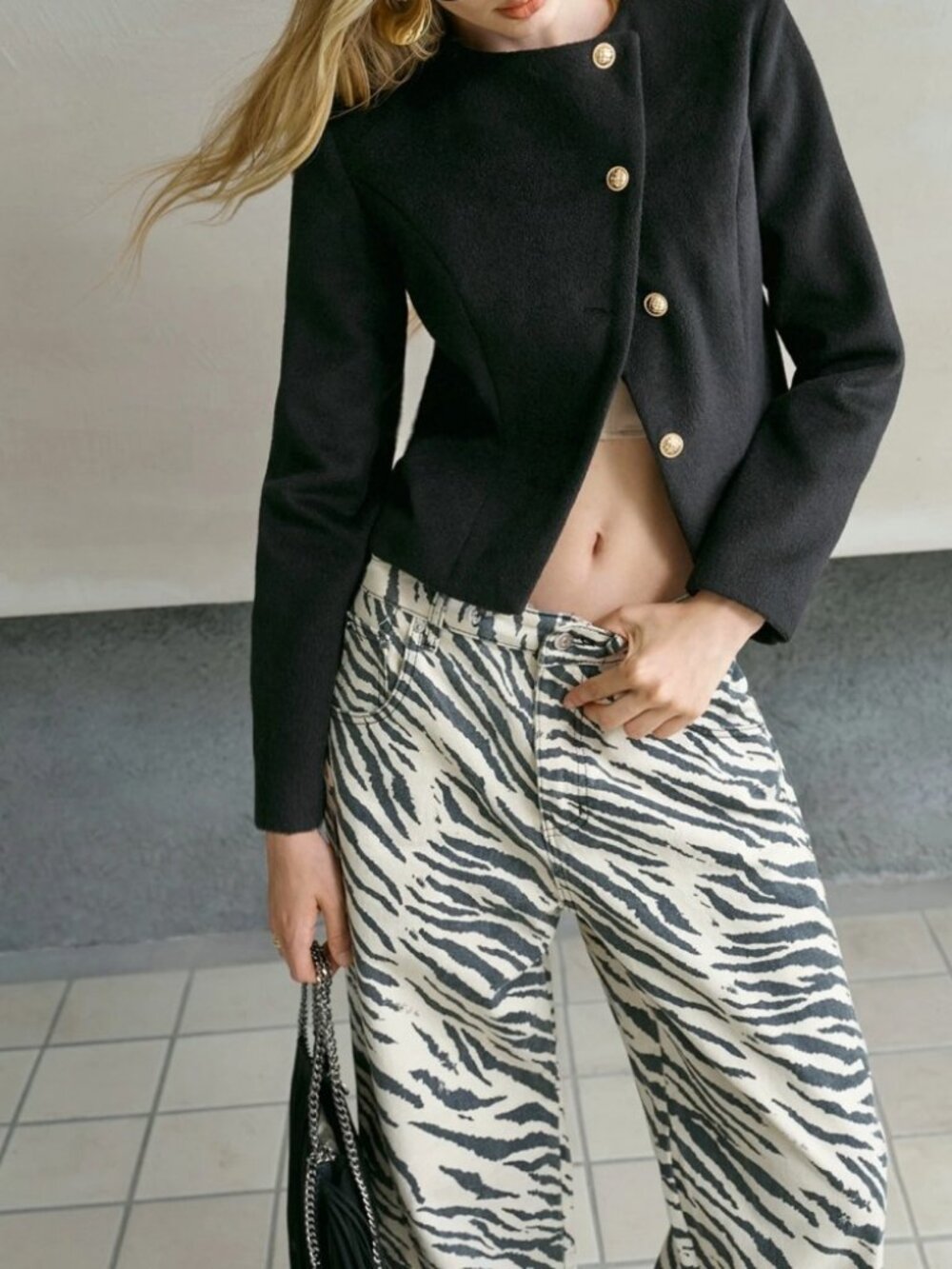 Black Collarless Gold Button Long Sleeve Cropped Suit Jacket